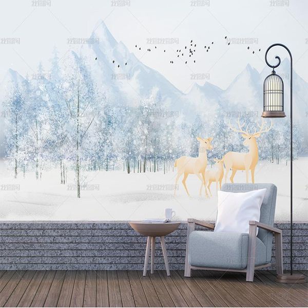 

wallpapers nordic creative wallpaper light luxury hand-painted dream forest snow deer mural tv living room background wall