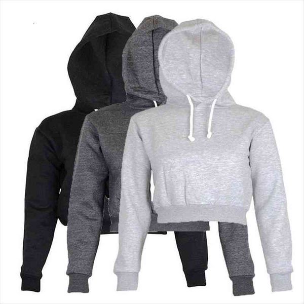

women hoodies 2022 autumn solid crop hooded long sleeve pullover casual sweatshirt loose drawstring streetwear, Black