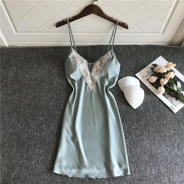 

women's sleepwear spaghetti strap nightgown women satin short lace nightdress sleeveless intimate lingerie loose v-neck nightwear, Black;red