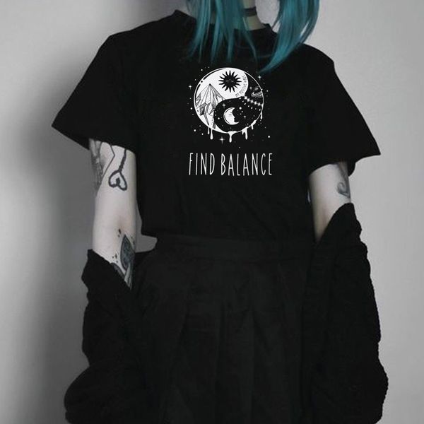 

sun and moon find balance graphic tee gothic style dark tumblr harajuku hipster cool grunge black women tee t-shirt 210518, White
