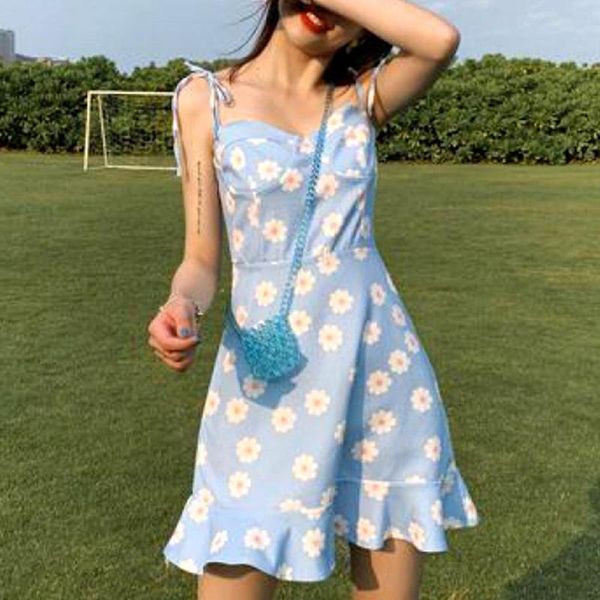 

women sleeveless marguerite print spaghetti straps ruffled hem slim mini dress skirts, Black