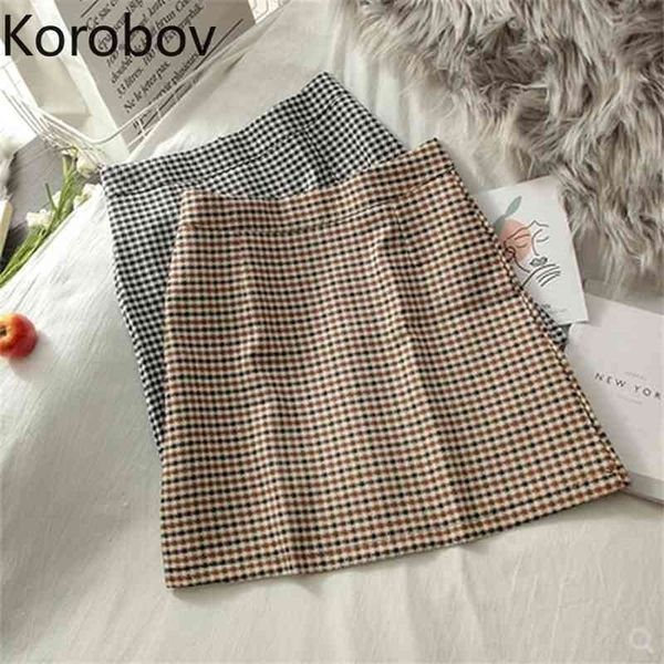 

korobov korean vintage a-line plaid skirts preppy style high wasist mini skirts autumn new chic faldas mujer 210430, Black