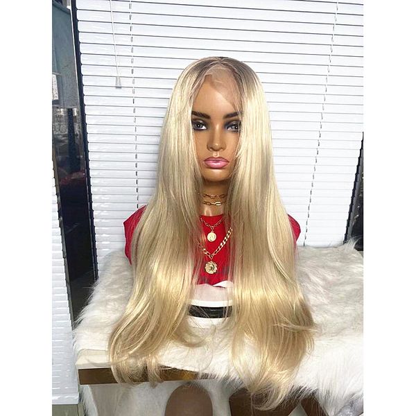 

costume accessories 26inch 180%density ombre blond long straight synthetic lace front wig glueless 13x4 lace wigs for women with baby hair d, Silver