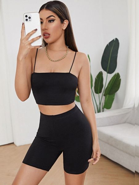 

solid cami & biker shorts set k90q#, White