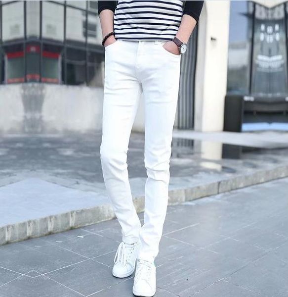 

men's fashion white jeans for young men sale pants casual slim straight trousers denim, Blue