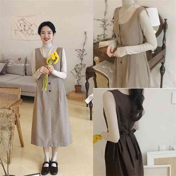 

autumn spring a-line vintage women mid-calf sundress elegant female dress sleeveless vestidos femme 210417, Black;gray