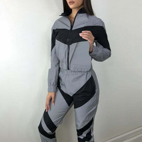 

dihope women tracksuits 2 piece reflective zipper crop pants fashion female loose jacket coat trouser set, White