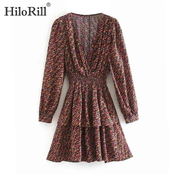 

v neck floral print boho beach dress long sleeve casual pleated mini elastic waist fashion lady bud es robe 210508, Black;gray