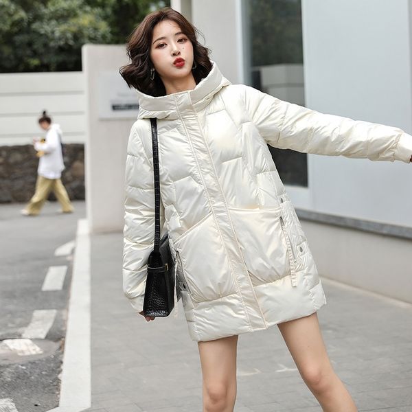 

bright face cotton padded clothes women's middle and long 2021 winter jacket loose korean wash thickened hooded down, Black