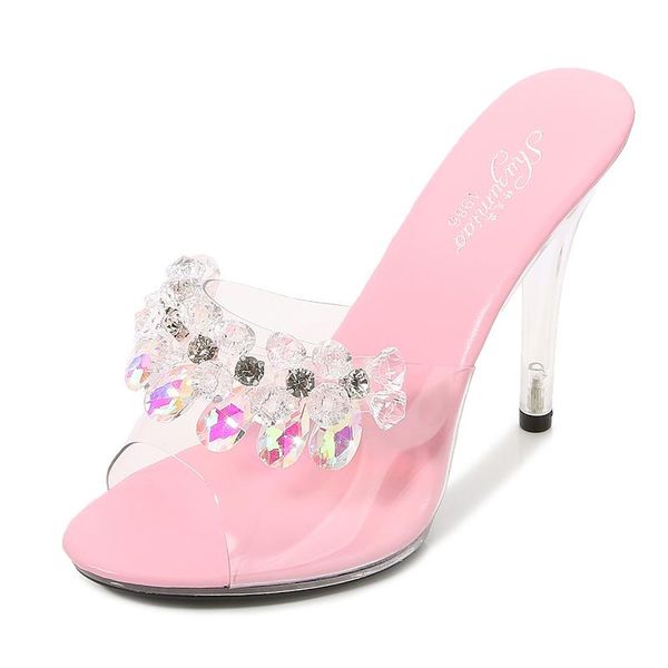 

women's sandals crystal pumps slippers women summer fashion 11cm wild high heels with non-slip transparent super shoes, Black