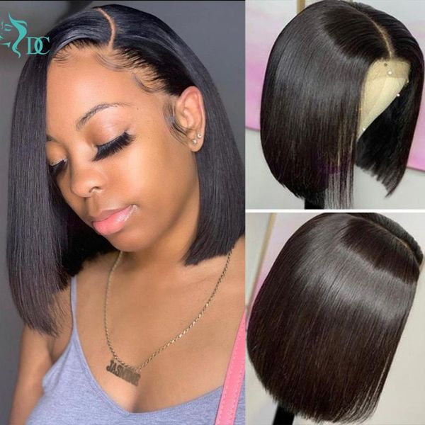 

lace wigs short straight bob wig 4x4 closure human hair for women pre plucked bleached knots 150% remy front, Black;brown