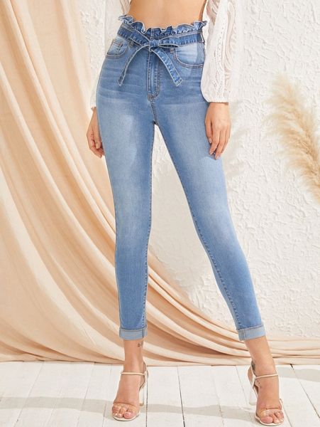 

bleach wash high-waisted high stretch skinny jeans i8y3#, Blue
