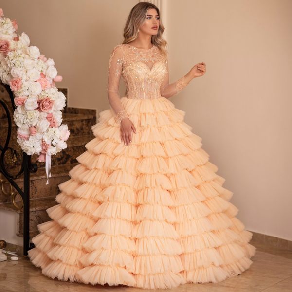 2022 Fashion Ball Gown Abiti Quinceanera Sheer manica lunga in pizzo abiti da ballo con paillettes increspature Sweet 15 Masquerade Dress