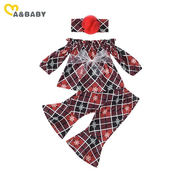 

3m-3y toddler born infant baby girl christmas clothes set red plaid off shoulder flare pants xmas outfits 210515, White