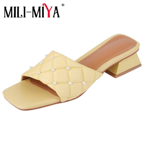 

sandals mili-miya summer pearl embellished sewing rhombic slippers womens chunky high heels beach casual shoes yellow beige, Black