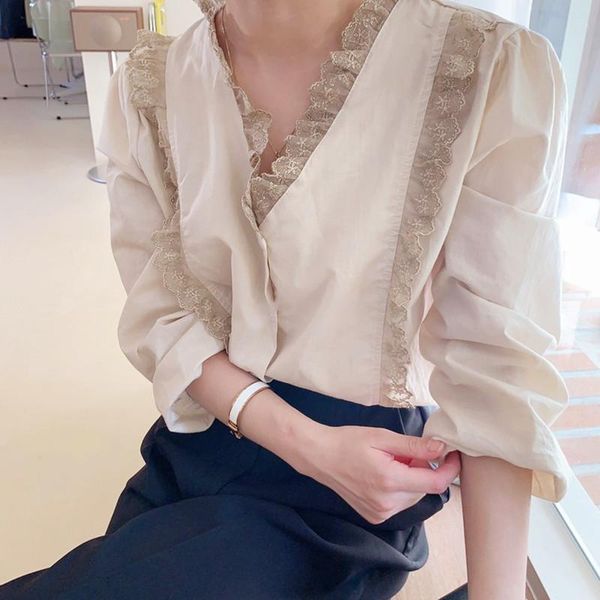 

women spring long sleeve lace v neck cotton blouse vintage elegant single breasted casual cardigan sweet shirt women's blouses & shirt, White