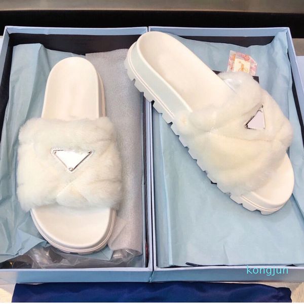 

designer- women platform heel slipper plush woolen genuine leather sliders summer vintage sandal fashion scuffs slippers, Black