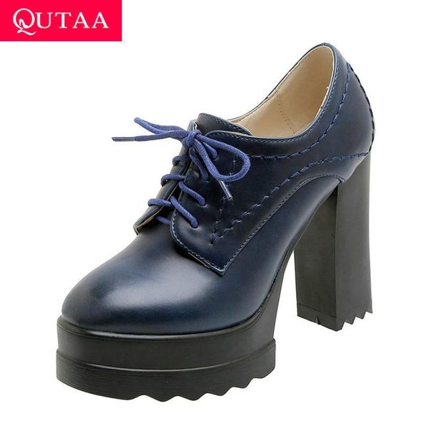 

dress shoes qutaa 2021 platform spring autumn single pu leather ladies pumps round toe fashion square high heel women size 34-42, Black