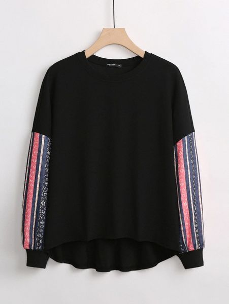 

plus colorful striped drop shoulder high low sweatshirt h9ey#, Black