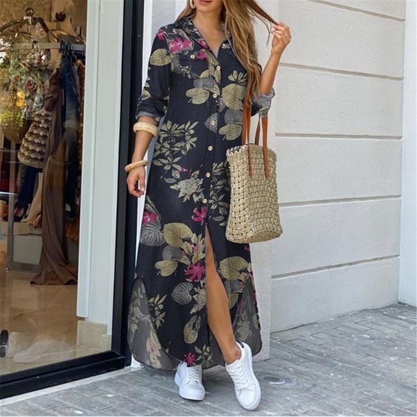 

women long sleeve lapel button up cotton print shirt dress ladies irregular maxi bohemian floral casual dresses, Black;gray