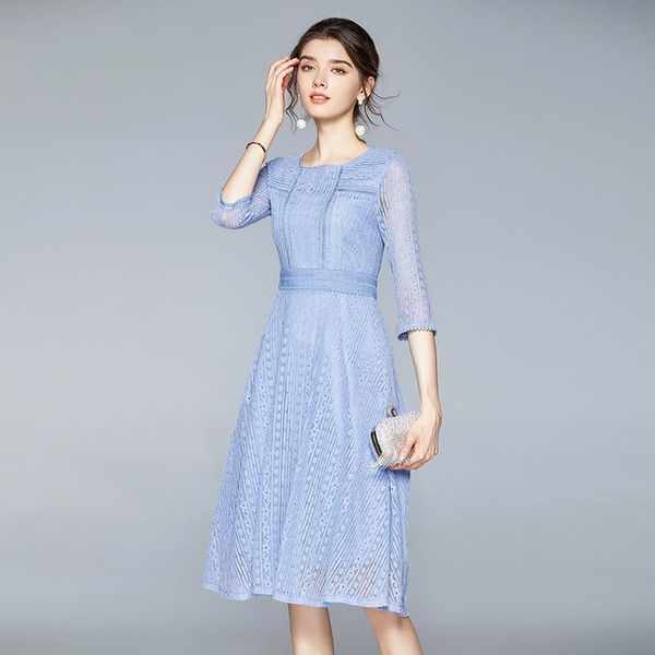 

light blue vintage lace dress women elegant wedding office party robe ladies o neck spring dresses vestido casual, Black;gray