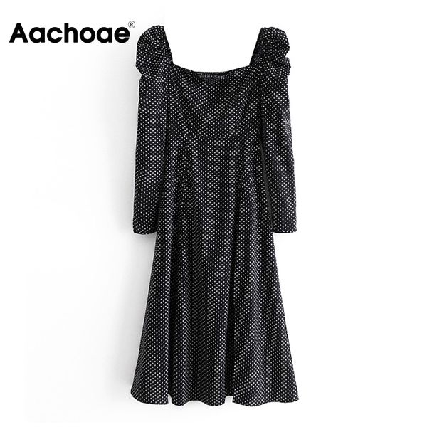 

vintage dot print midi dress women puff long sleeve split chic dresses 2021 square collar elegant dress vestidos mujer, Black;white