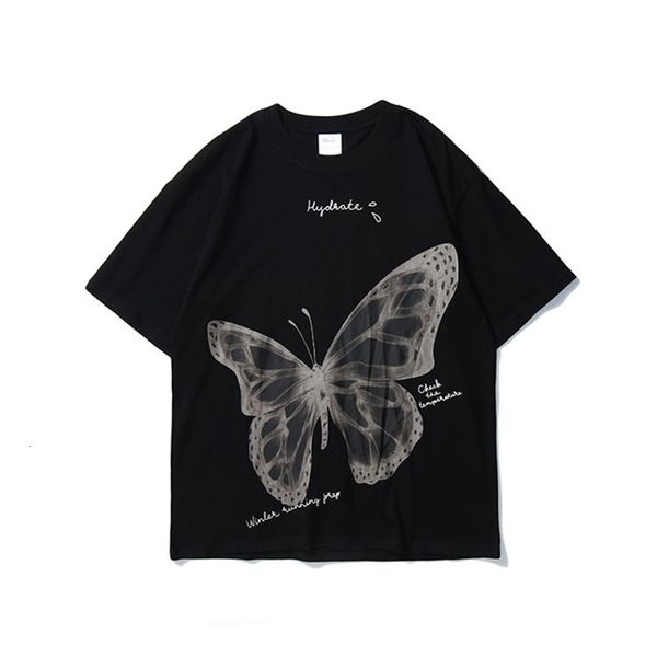 

summer in fashion dark butterfly print manga short male hip hop shirt loose all the couple t games, White;black