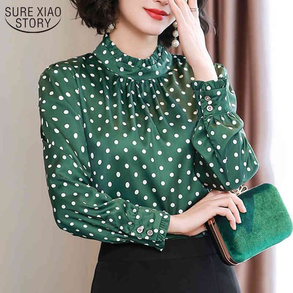 

women blouses autumn fashion long sleeve polka dot shirts casual stand collar blusas 10589 210508, White