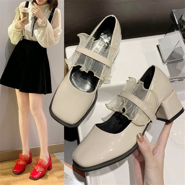 

womens shoes korean version of simple lace thick-heeled small leather shoes with square toe lady style mary jane shoes1, Black