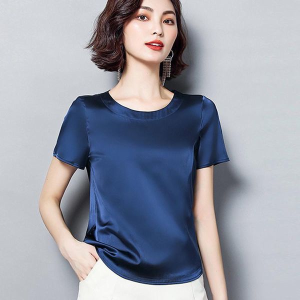 

women's t-shirt 2021 summer basic solid woman's t-shirts o-neck short sleeve ladies plus size satin silk elegant thin shirts for, White