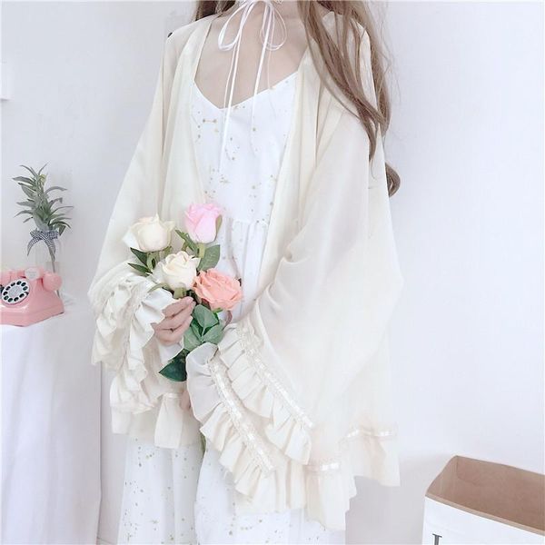 

two piece dress girls sets 2021 japan summer women's midi strap & chiffon shirts suits loose cardigan fashion casual, White