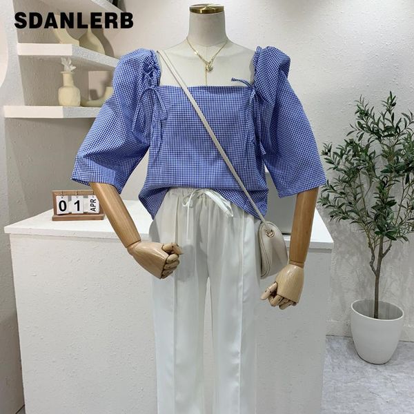 

women's blouses & shirts slimming short 2021 summer korean style plaid square collar blouse off-shoulder puff sleeve shirt, White