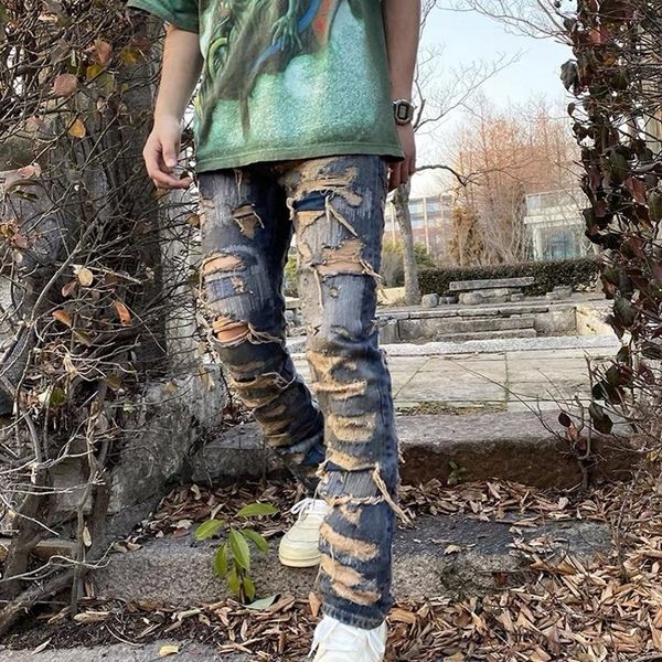 

men's jeans straight fit washed denim ripped distressed destroyed slim leg, Blue