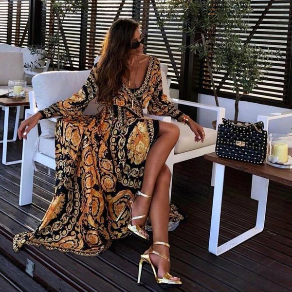 

bohemian dress women v-neck retro maxi floral print lantern sleeved plus size 2xl sp535 casual dresses, Black;gray