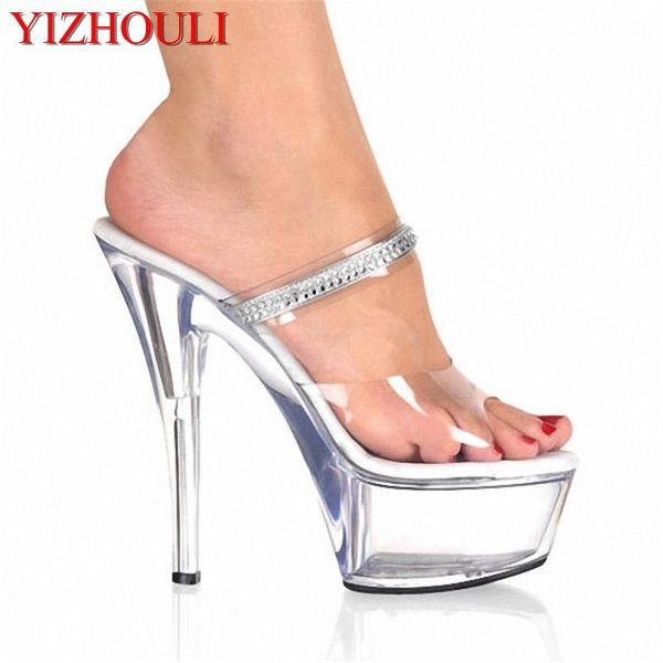 

slippers lady fashion 6 inch high heel shoes party crystal rhinestone clear sandals platform 15cm ultra heels, Black