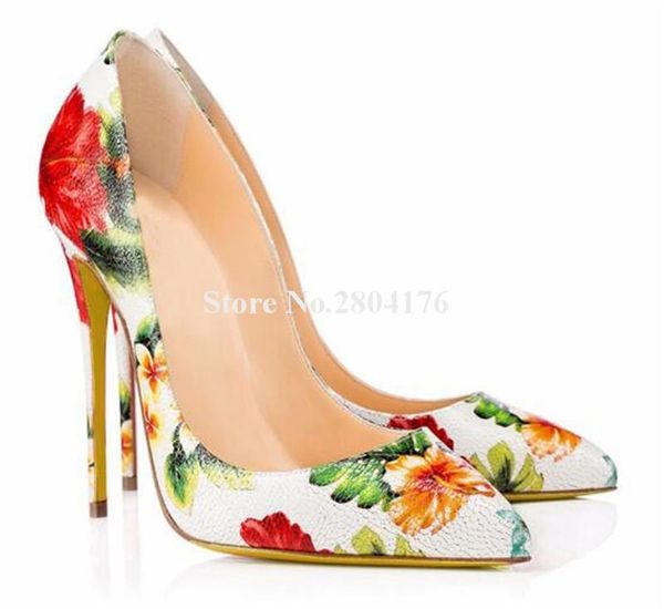 

women ashion pointed toe white pattern leather flowers printed thin heel pumps brand design 12cm high heels formal dress shoes, Black