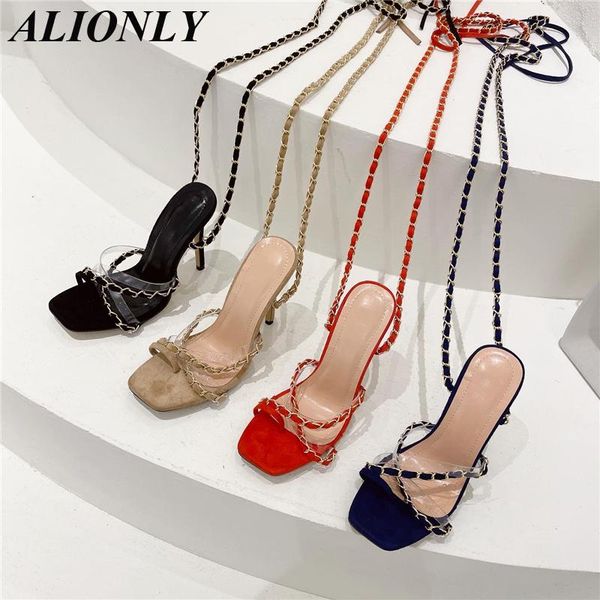 

sandals alionly elegant ankle strappy party shoes for women 2021 summer chain high heels wedding open toe zapatos, Black