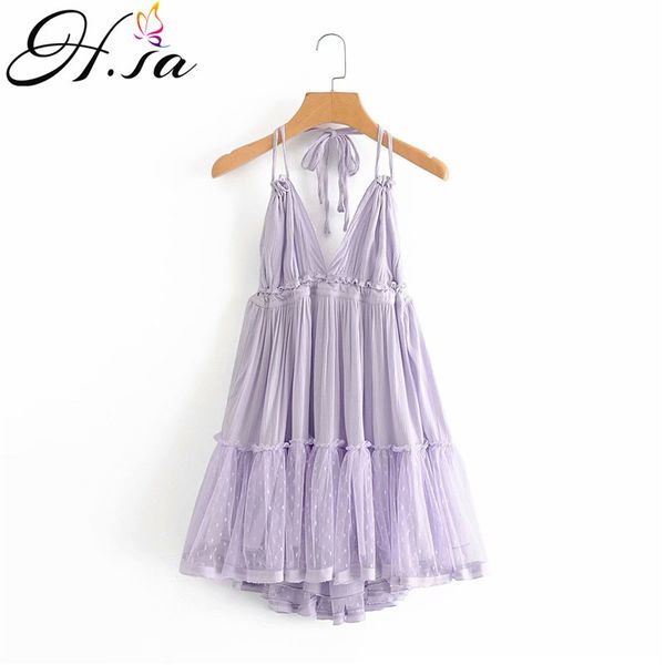 H.SA Donna Sexy Senza maniche Vestito estivo Garza di pizzo Basso scollo a V Mini Abiti Party Robe Boho Abito da sera a cascata 210417