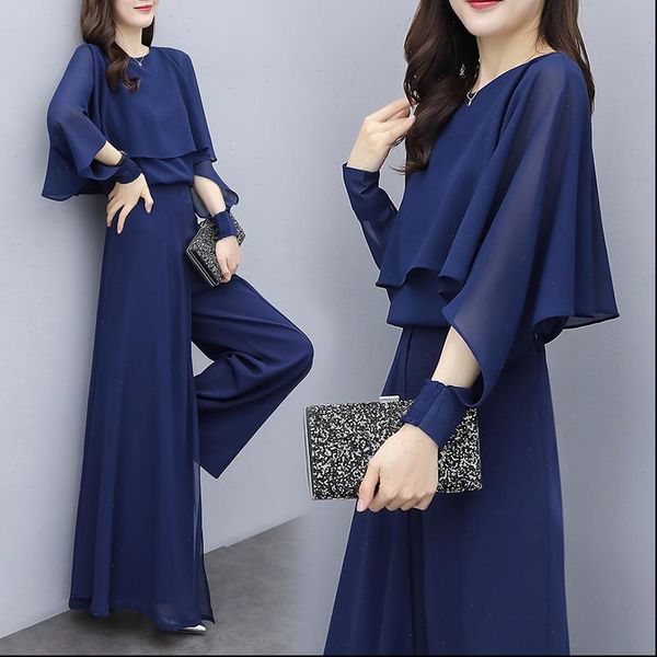 

spring summer elegant two piece women tracksuits set chiffon batwing sleeve shirt high waist wide leg pants sets lady trouser, Gray