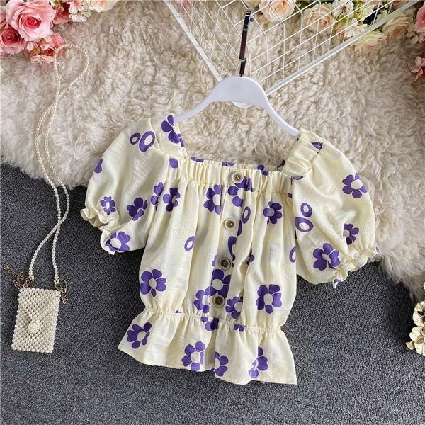 

women's blouses & shirts vintage square collar elegant blusas mujer de moda 2021 france blue floral print short flare sleeve women blo, White