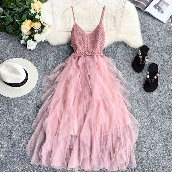 

summer irregular mesh knitted patchwork dress vestidos women v-neck sleeveless high waist midi for female 210426, Black;gray