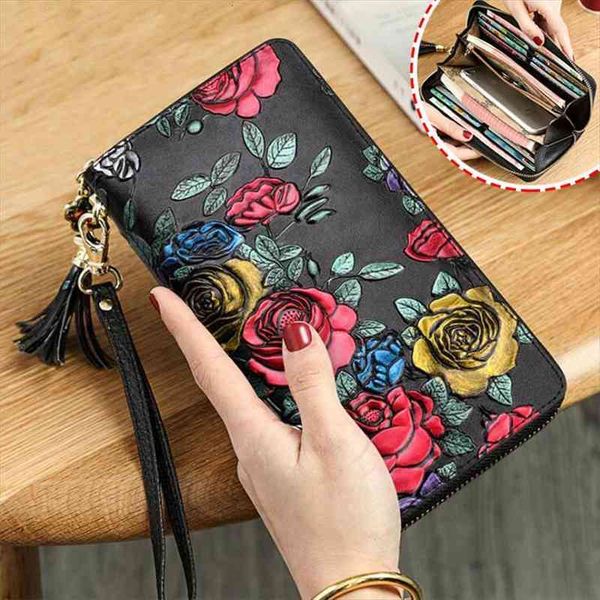 

genuine leather wallet women clutch 3d rose flower wallets female purse long zipper portfel damski portfele walet, Red;black