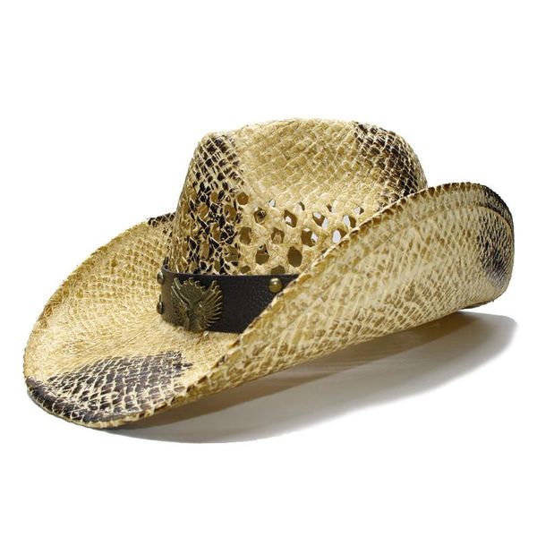 

cloches luckylianji retro women's men's summer straw beach wide brim cowboy western cowgirl hat hollow guns sign leather band(adju, Blue;gray