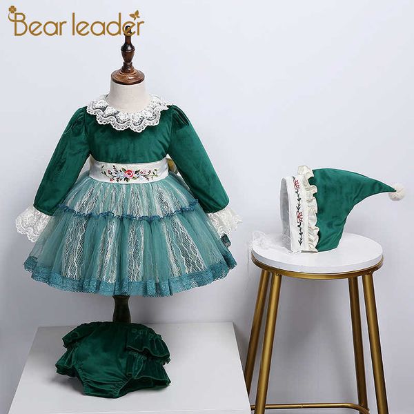 

bear leader girls fashion dresses kids embroidery flowers party costumes baby fancy bowknot dress baby clothes with hat 210708, Red;yellow
