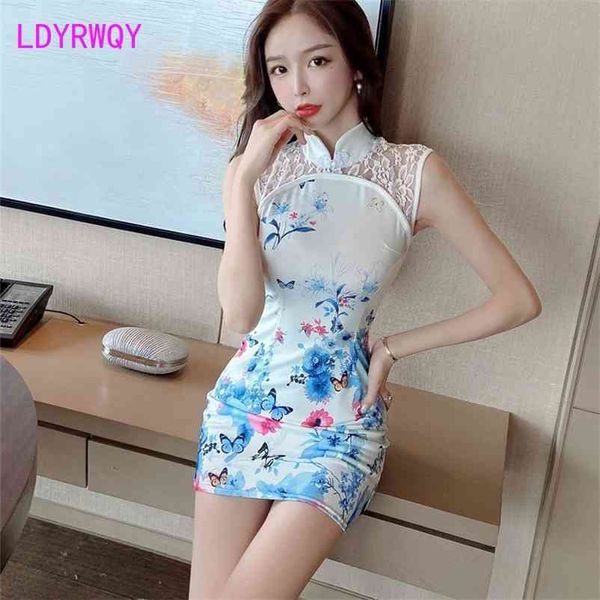 

nightclub neck plate buckle mesh stitching print chinese wind cheongsam bag hip dress office lady sheath sleeveless 210603, Black;gray