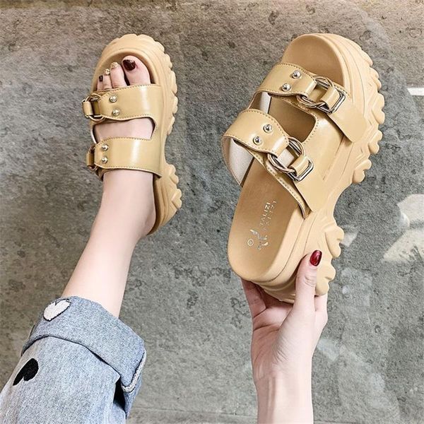 

slippers spring summer lightweight women fashion metal decorated flat sandals casual outdoor shoes size 34-40 zapatillas, Black