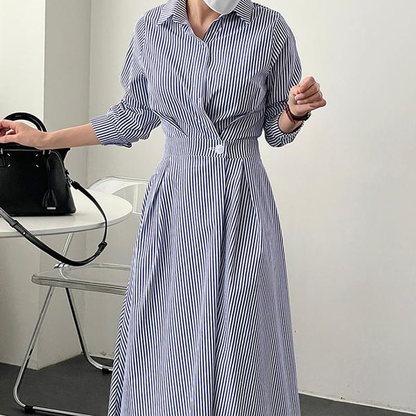 

casual dresses robe femme autumn slim high waist long sleeve striped shirts dress turn down collar single button pleated vestido fashion, Black;gray