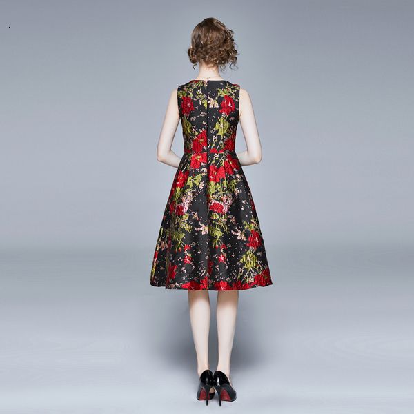 

casual dresses summer party vintage jacquard sleeveless dress women o-neck a-line pleated knee-length fashion elegant ladies vesti, Black;gray