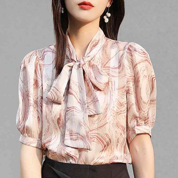 

blouse women summer short sleeve blouse shirt women bow v-neck print chiffon blouse women shirts clothes blusas d206 210602, White