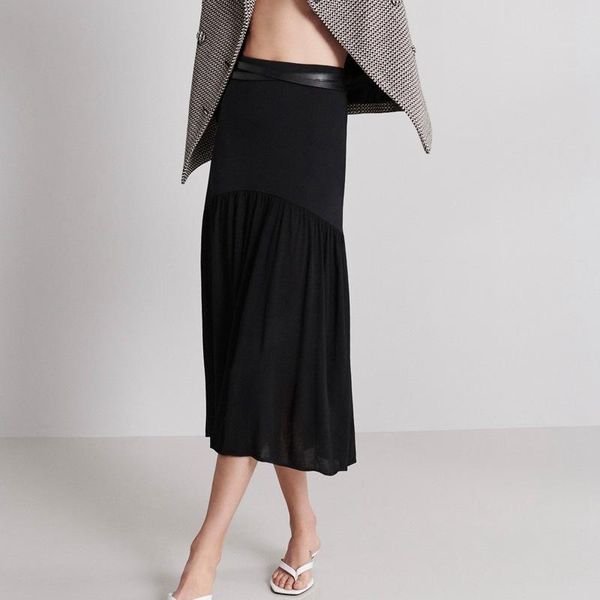 

skirts [elfstyle] - black montagu midi knit skirt elastic waist ruffled hem 2021 spring woman knitted